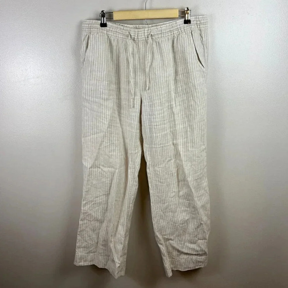 L.L. Bean Pull On Linen Pants Size 16 Petite Beige Stripes Minimal Lagenlook - Picture 1 of 10